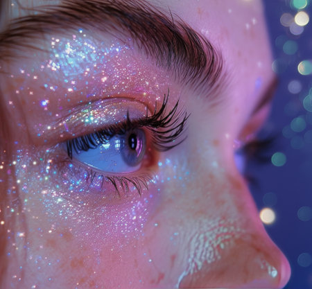 A close-up view of a womans eye with sparkly glitter applied on the eyelid, creating a shimmering effect.の素材