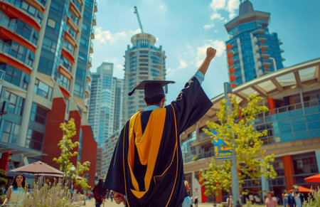A man wearing a graduation gown stands in front of a building, exuding a sense of accomplishment and pride.の素材