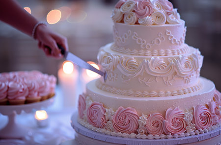 Close up of a person cutting a wedding cake with a knife, surrounded by guests at a wedding reception.の素材