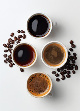A white plate holds bowls filled with different types of coffee, showing a variety of flavors and brews.の素材