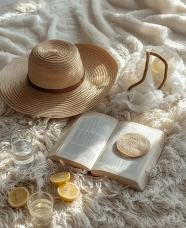 An open book sits beside two glasses, a straw hat, and two lemons.の素材