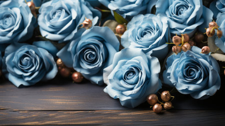 A cluster of blue roses arranged neatly on top of a rustic wooden table.の素材