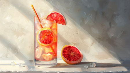 A painting depicting a glass of water filled with a slice of grapefruit and a straw.の素材