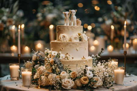 A wedding cake featuring two cats perched on its highest tier, adding a playful touch to the elegant dessert.の素材