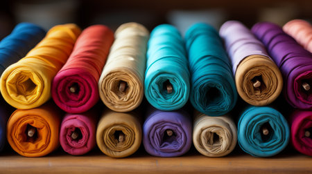 Various colored spools of thread neatly arranged in a cluster.の素材