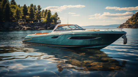 A small boat calmly floats on top of the flowing body of water, surrounded by the vast expanse of the serene aquatic environment.の素材