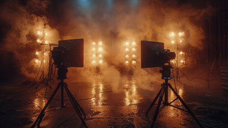 A collection of bright lights mounted on a tripod stand, illuminating the surroundings.の素材