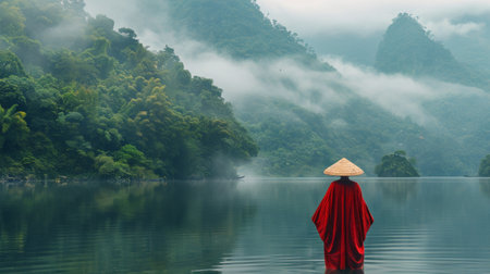 A person standing in waist-deep water in the center of a large body of water surrounded by nature.の素材
