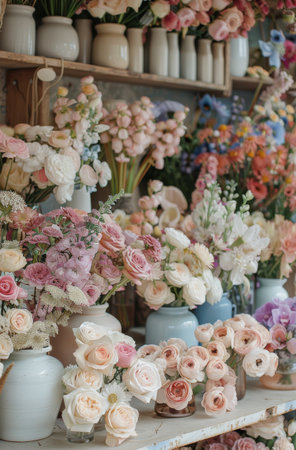 A collection of various flowers placed neatly on a wooden shelf, creating a vibrant and colorful display.の素材
