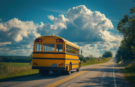 A yellow school bus is seen driving down a rural road, surrounded by trees and fields on a sunny day.の素材
