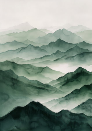 A realistic painting depicting a majestic mountain range towering in the background, with lush green trees in the foreground.の素材