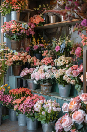 Multiple buckets filled with various colorful flowers arranged in a bunch.の素材