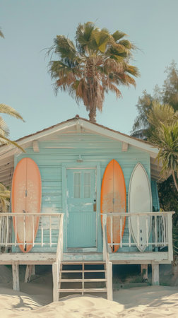 A beach hut with colorful surfboards lined up on the porch overlooking the ocean waves.の素材