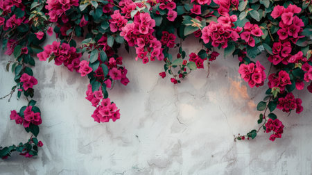 A white wall adorned with vibrant red flowers blooming, creating a striking contrast against the neutral background.の素材