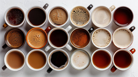 Various coffee cups of different shapes, sizes, and colors arranged on a table.の素材