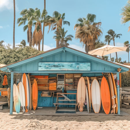 A small blue building adorned with surfboards on its exterior.の素材