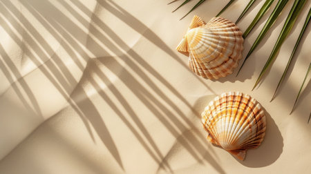 Two seashells are placed side by side on a clean white surface, showing their intricate patterns and shapes.の素材