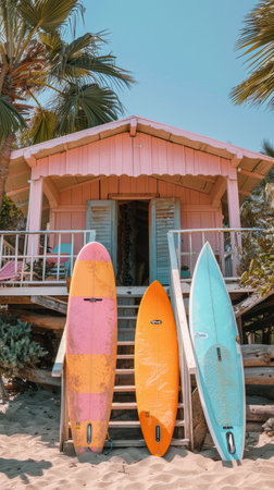 A beach hut with colorful surfboards lined up on the porch overlooking the ocean waves.の素材