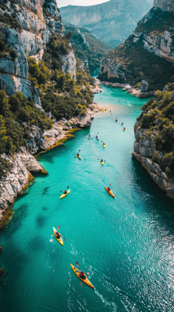 Two individuals in kayaks navigating the river waters amongst towering mountains in the background.の素材