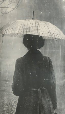 A woman standing outdoors holding an umbrella while rain falls around her.の素材