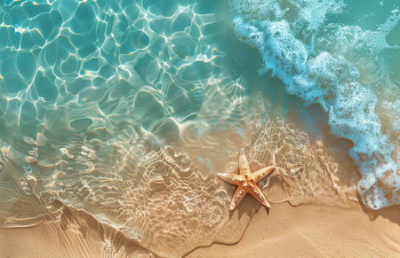 A starfish lies on a sandy beach near the ocean waves.の素材