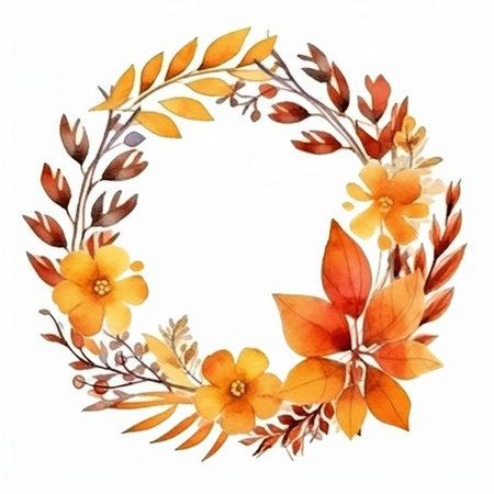 A watercolor illustration of a wreath made up of various leaves and berries, showing intricate details and vibrant colors.の素材