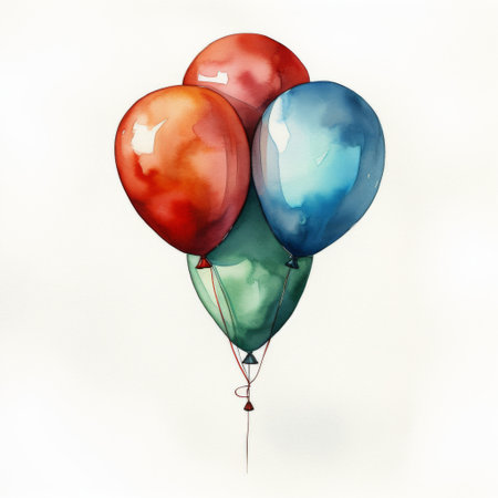 Two colorful balloons rising into the air against a clear blue sky.の素材
