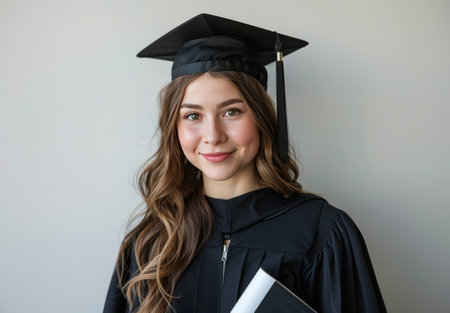 A woman wearing a graduation cap and gown, celebrating her academic achievement.の素材