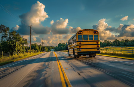 A yellow school bus travels down a rural road, surrounded by green fields and trees under a clear blue sky.の素材