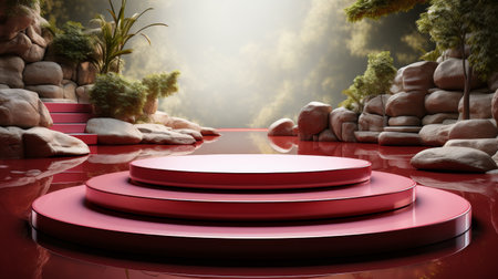 A room filled with red benches against a red wall.の素材