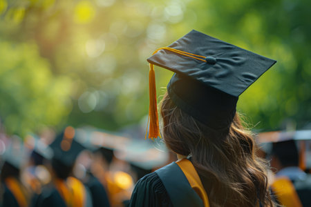 Diverse group of individuals wearing graduation caps and gowns, standing together in celebration of their academic achievements.の素材