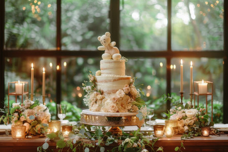 A wedding cake adorned with a teddy bear figurine on top, creating a whimsical touch for the special occasion.の素材