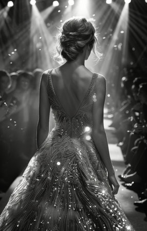 A woman in a dress is walking down a busy urban street.の素材