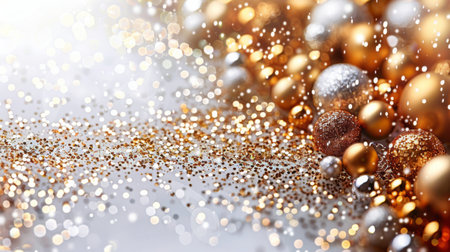 Various gold and silver balls scattered on a white table or floor.の素材