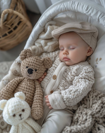 A baby sleeps peacefully in a crib with a teddy bear beside them.の素材