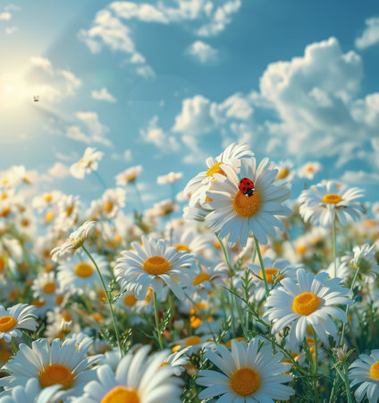 A ladybug sits atop a field of daisies, adding a pop of vibrant red to the white flowers.の素材