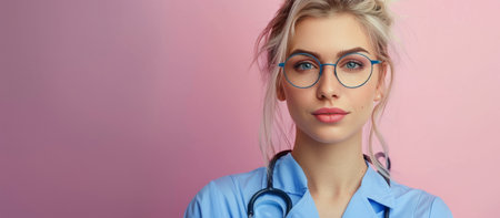 A woman wearing glasses and a blue shirt standingの素材