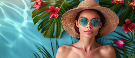 A woman with a hat and sunglasses standing in front of a clear blue pool on a sunny day, enjoying the outdoors.の素材