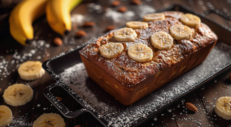 A freshly baked loaf of banana bread sits on a sleek black plate, ready to be enjoyed.の素材