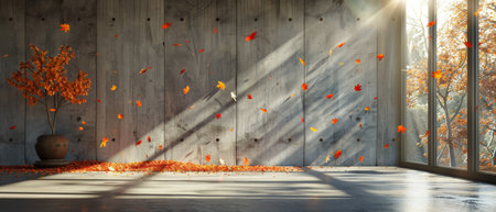 A room with a spacious window showing many leaves scattered across the floor.の素材