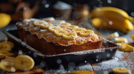 A freshly baked loaf of banana bread sits on a sleek black plate, ready to be enjoyed.の素材