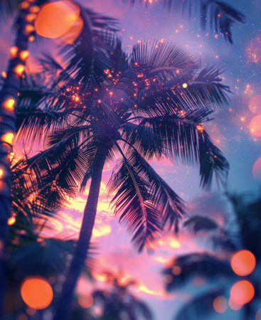 A palm tree covered in colorful lights, creating a vibrant and festive display.の素材
