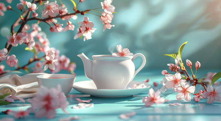 A tea set containing a cup and saucer placed on a wooden table.の素材