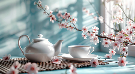 A tea set containing a cup and saucer placed on a wooden table.の素材