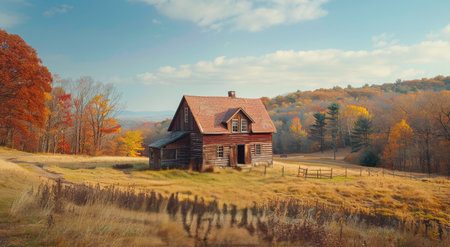 A painting depicting a red barn standing in the center of a vast field under a clear blue sky.の素材
