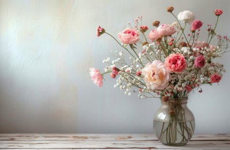 A vase filled with an arrangement of delicate pink and white flowers, creating a soft and elegant display.の素材