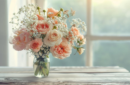 A vase filled with an arrangement of delicate pink and white flowers, creating a soft and elegant display.の素材