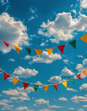 Multiple flags raised high in the air, waving and fluttering.の素材