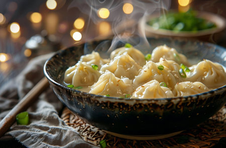 A bowl filled with pasta and peas is placed on top of a wooden table.の素材