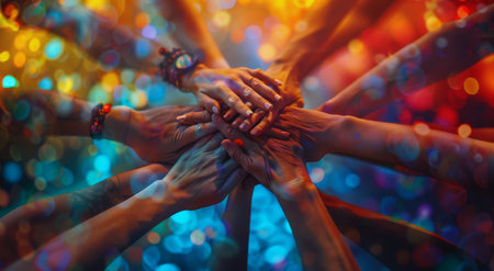 Diverse group of individuals standing close together, extending their hands toward the center in a gesture of unity and teamwork.の素材